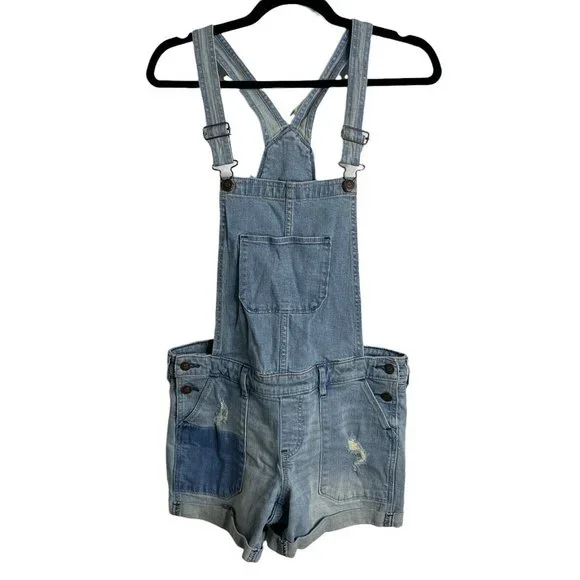Hollister Patchwork Distressed Denim Shortalls Cuffed Overall Shorts Women's M - Picture 2 of 12